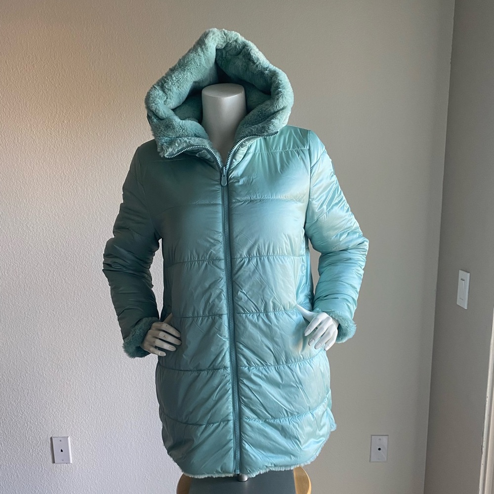 Women’s hooded reversible coat called the Bridget.